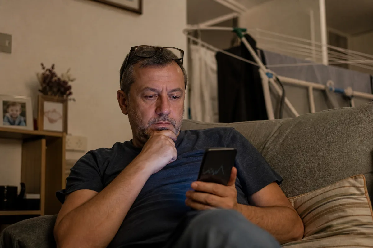 Persona che riapre con esitazione l'app di trading al tramonto