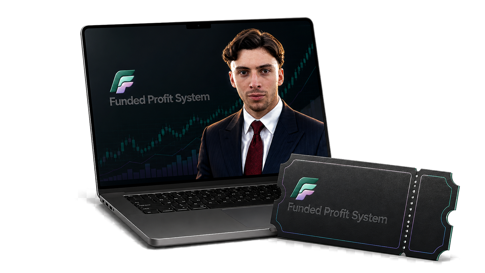 Mockup dell'evento Funded Profit System con laptop, Nick Parodi e biglietto